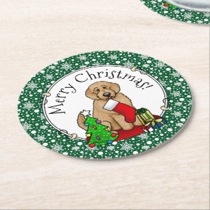 Frohe Weihnachten 2 Goldendoodle (goldrot) Niedlic Runder Pappuntersetzer