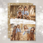 Frohe Weihnachten 3 Foto Collage<br><div class="desc">Weihnachtskarten mit mehreren Fotos sorgen für fröhliche Weihnachten in schicken Schriftzeichen auf einem weißen Fleck in der Mitte. Laden Sie einfach drei Fotos hoch und fügen Sie Ihre Familiengrüße und Namen auf der Rückseite. *Ändern Sie die Farbe auf der Rückseite mit unserem Bearbeitungsprogramm. Wählen Sie High Definition für beste Foto-Qualität....</div>