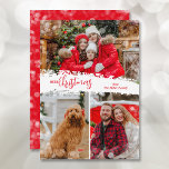 Frohe Weihnachten 3 Foto Collage<br><div class="desc">Weihnachtskarten aus mehreren Fotos vermitteln ein fröhliches Weihnachtsfest in schicker Schrift auf einem Schneeflocken in der Mitte. Laden Sie einfach drei Fotos hoch und fügen Sie Ihre Familiengrüße und Namen auf der Rückseite. *Ändern Sie die Farbe auf der Rückseite mit unserem Bearbeitungsprogramm. Wählen Sie High Definition für beste Foto-Qualität.</div>