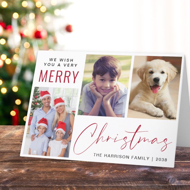 Frohe Weihnachten 3 Foto Rote Schrift (This holiday season, let your family's smiles and heartwarming memories shine on our 3 photo card)