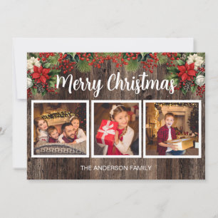 Frohe Weihnachten 3 Foto Rustic Wood Red Poinsetti Karte