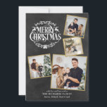 Frohe Weihnachten 4 Foto Collage Chalkboard<br><div class="desc">Ein boho 4 Foto Collage Urlaubsplanung für Sie, um mit Ihren Lieblings-Fotos gerahmt in Gold, Nachricht, Namen und Jahr auf einem Chalkboard-Hintergrund zu personalisieren. Auf der Rückseite sind fallende Schneeflocken auf einem passenden Chalkboard-Hintergrund zu sehen. Entwickelt von Thisisnotme©</div>