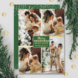 Frohe Weihnachten 4 Foto Collage Gold Folien Feiertagskarte<br><div class="desc">Echte Weihnachtskarten aus Weihnachten bieten Ihren Nachnamen und die Begrüßung Frohe Weihnachten und Happy New Year in schicker,  echter Goldfolie,  die auf Grün mit Ihrer Lieblings 4-Foto-Collage in echter Folie an der Vorderseite und Ihren Vornamen auf der Rückseite. Der Live Design Service hilft Ihnen bei der Gestaltung Ihres Designs.</div>