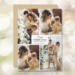 Frohe Weihnachten 4 Foto Collage Weihnachtskarten<br><div class="desc">Ihr Familienname und der Gruß Frohe Weihnachten und Happy New Year in schicker Schrift mit Ihrer Lieblings-4-Foto-Collage auf der Vorderseite und Ihre Vornamen auf der Rückseite dieser Feiertagskarten Grußkarten. Die Farbe auf der Rückseite kann geändert werden. Der Live Design Service hilft Ihnen bei der Gestaltung Ihres Designs.</div>