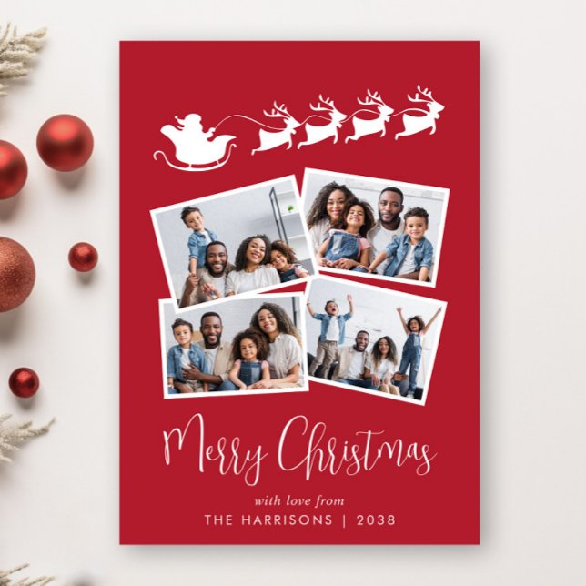 Frohe Weihnachten 4 Foto Santa Sleigh Red (Share the love and warmth of the holiday season with this personalized photo Christmas card)
