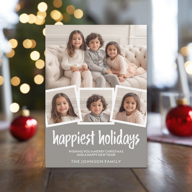 Frohe Weihnachten 4 Fotos Gray Coral Botanical Bac (Custom Holiday Photo Greeting Card)