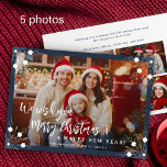 Frohe Weihnachten 5 Foto Collage blau Marine<br><div class="desc">Einfache,  minimale,  stylische fünf individuelle Fotos "Frohe Weihnachten und ein glückliches neues Jahr" (veränderbar) Typografie-Skript überlagert horizontale Weihnachtskartenvorlage mit dunkelmarineblau Rahmen und weißen Schneeflocken.                        Einfach mit Ihren Bildern,  Text,  Namenssignatur und Wünschen auf beiden Seiten personalisieren!</div>