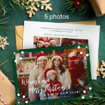 Frohe Weihnachten 5 Foto Collage grün<br><div class="desc">Einfache minimale stylische fünf individuelle Fotos der Familie "Frohe Weihnachten und ein glückliches neues Jahr" (veränderbar) Typografie-Skript überlagert horizontale Weihnachtskartenvorlage mit einem Waldgrön Rahmen und weißen Schneeflocken.                        Einfach mit Ihren Bildern,  Text,  Namenssignatur und Wünschen auf beiden Seiten personalisieren!</div>