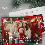 Frohe Weihnachten 5 Foto Collage rot<br><div class="desc">Einfache,  minimale,  stylische fünf individuelle Fotos "Frohe Weihnachten und ein glückliches neues Jahr" (veränderlich) Typografie-Skript überlagert horizontale Weihnachtskartenvorlage mit einem hellen roten Rahmen und Schneeflocken.                        Einfach mit Ihren Bildern,  Text,  Namenssignatur und Wünschen auf beiden Seiten personalisieren!</div>