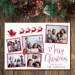 Frohe Weihnachten 5 Foto Collage Santa Sleigh<br><div class="desc">Feierliche Urlaubskarte mit einer 5-Foto-Collage verstreuter Bilder in roten Rahmen,  einer roten Silhouette von Rentieren,  die den Schlitten des Weihnachtsmannes fliegen,  "Frohe Weihnachten" in einem stilvollen roten Drehbuch und Ihrem Namen in schlichter,  moderner roter Typografie.</div>