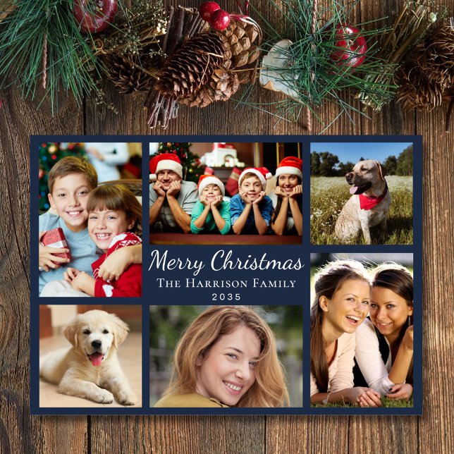 Frohe Weihnachten 6 Foto Collage Blue (This holiday season, let your family's smiles and heartwarming memories shine on our 6 photo card)