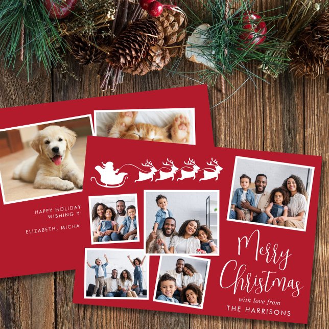 Frohe Weihnachten 7 Foto Collage Santa Sleigh (Share the love and warmth of the holiday season with this personalized photo Christmas card)