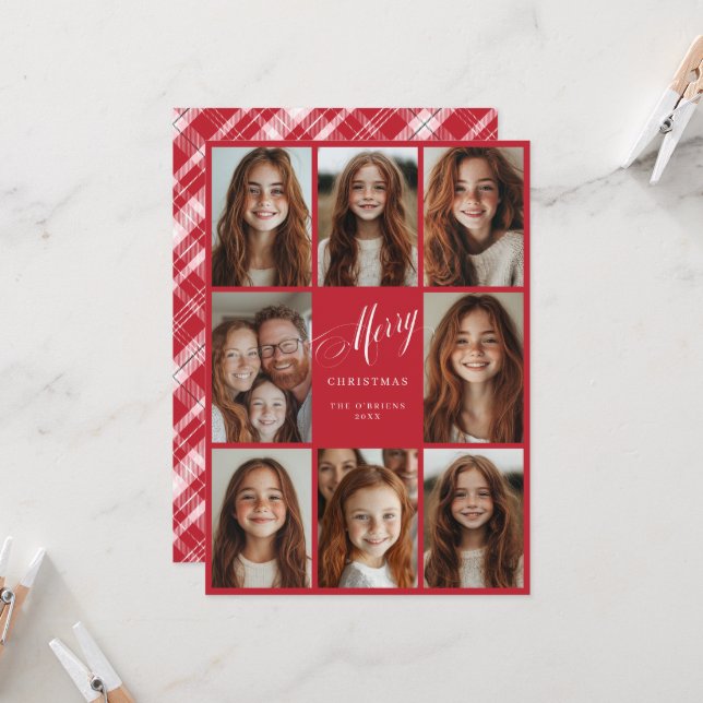Frohe Weihnachten acht Multi-Foto-Design rot Einladung (Vorderseite/Rückseite Beispiel)
