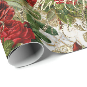 Frohe Weihnachten Alte Script-Rose Red Gold Marmor Geschenkpapier