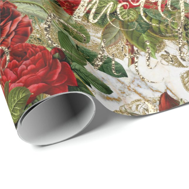 Frohe Weihnachten Alte Script-Rose Red Gold Marmor Geschenkpapier (Rolleneckpunkt)
