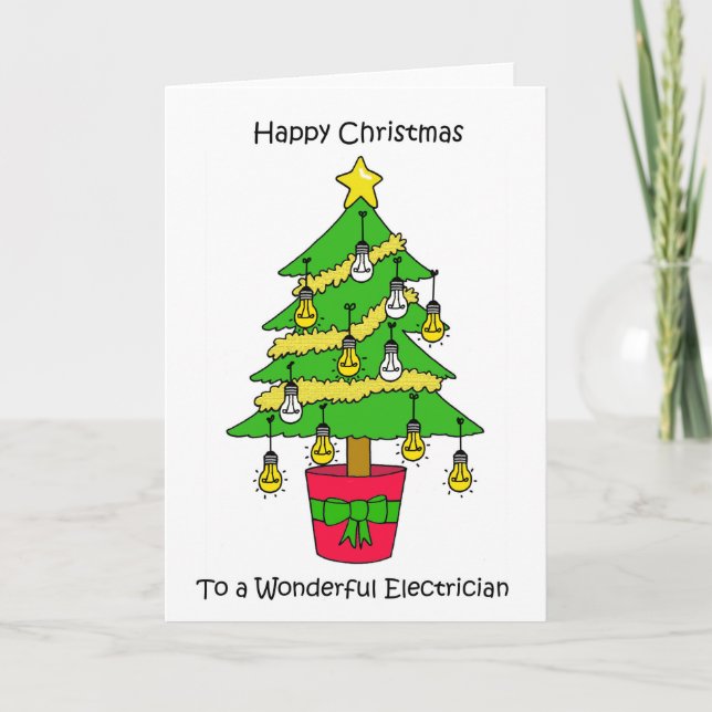 Frohe Weihnachten an den Elektriker, Cartoon Tree. Karte (Vorderseite)