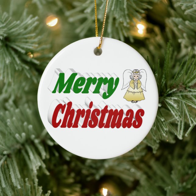 Frohe Weihnachten Angel rot grüne Typografie Keramik Ornament (Baum)