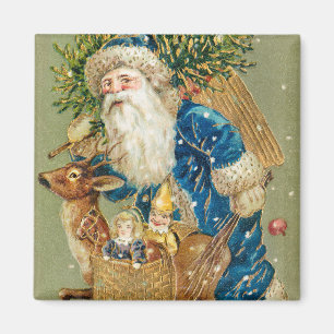 Frohe Weihnachten, Antike Karte, Santa und Rentier Magnet