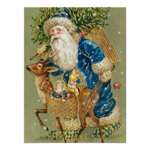 Frohe Weihnachten, Antike Karte, Santa und Rentier Poster