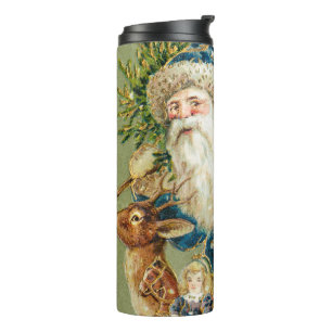 Frohe Weihnachten, Antike Karte, Santa und Rentier Thermosbecher