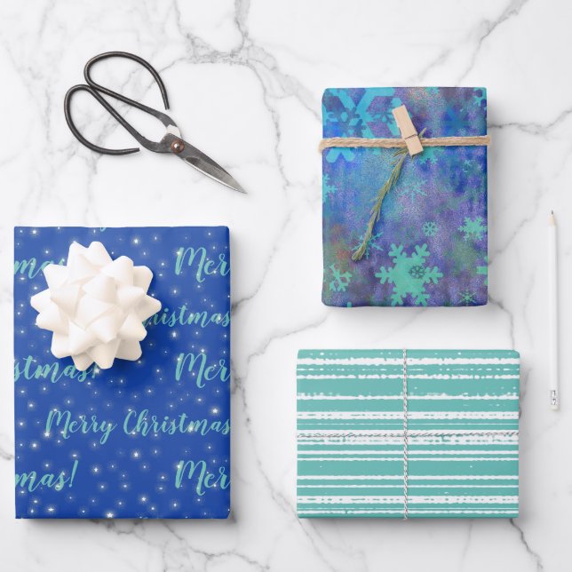 Frohe Weihnachten Aquamarin Blue Winter Geschenkpapier Set (Vorderseite)