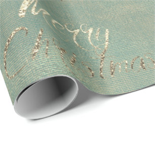 Frohe Weihnachten Aquamarine Gold Burlap Linen Hüt Geschenkpapier