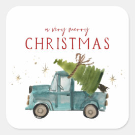 Frohe Weihnachten | Aquarell Blauer LKW Urlaub Quadratischer Aufkleber