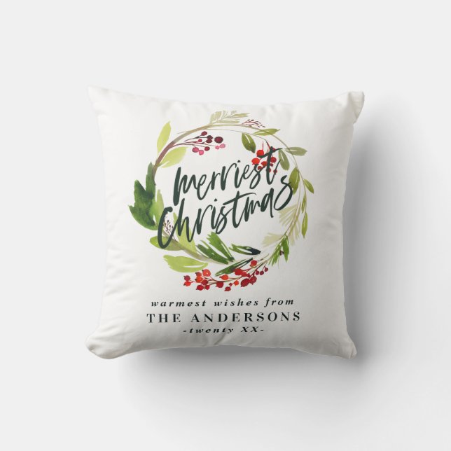 Frohe Weihnachten Aquarell Rote Beerenblätterung Kissen (Vorderseite)