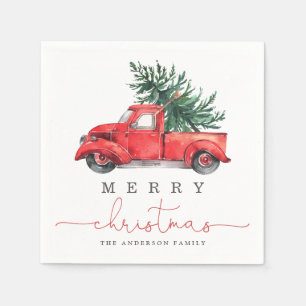 Frohe Weihnachten / Aquarell Roter LKW & Pinienbau Serviette