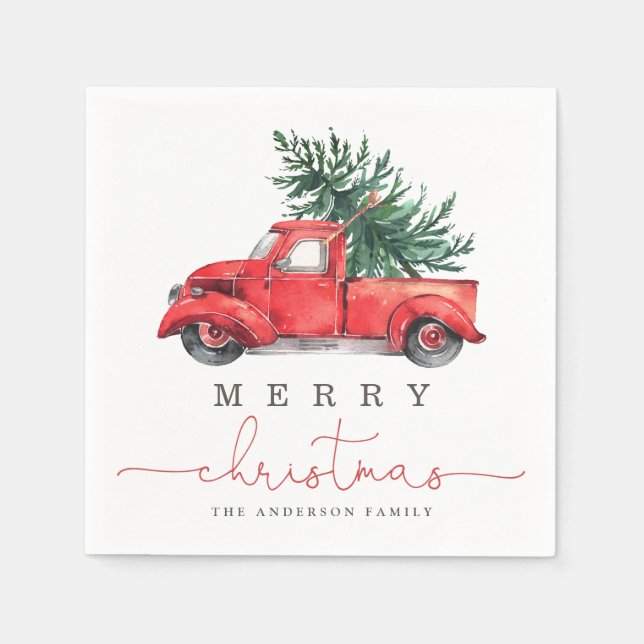 Frohe Weihnachten / Aquareller Roter LKW & Pine Tr Serviette (Vorderseite)