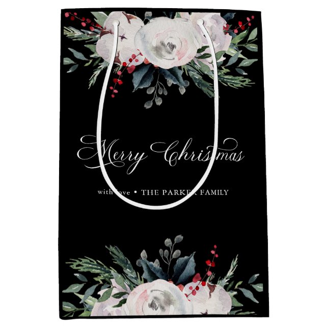 Frohe Weihnachten | Aquarellfarbene Blume auf schw Mittlere Geschenktüte (Vorderseite)