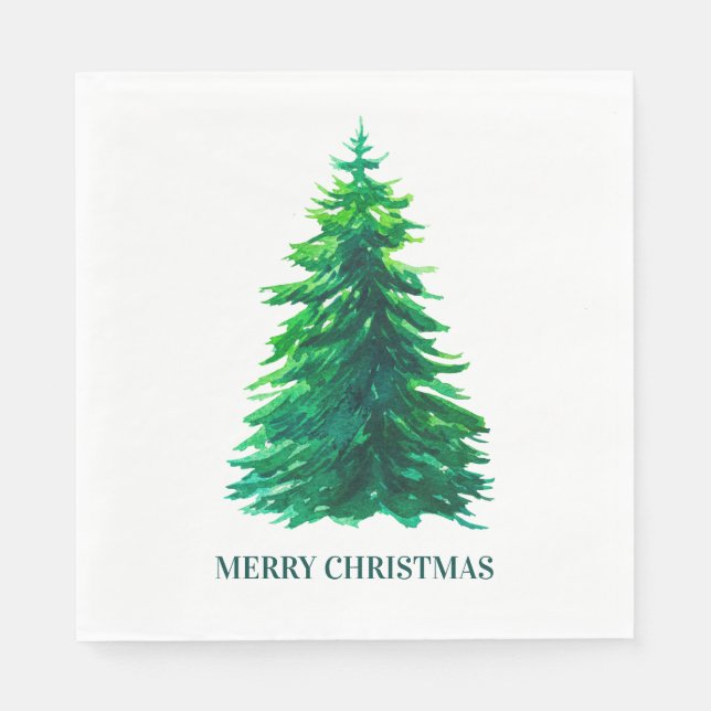Frohe Weihnachten. Aquarellgrüner Winterbaum Serviette (Vorderseite)