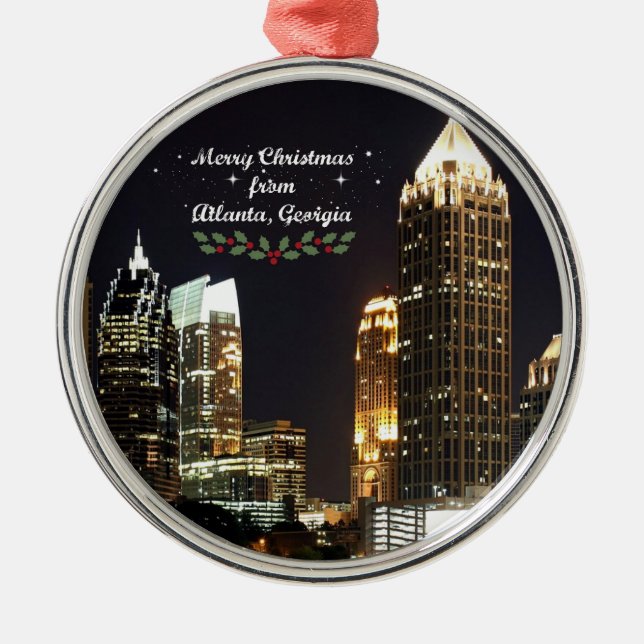 Frohe Weihnachten, Atlanta, Georgia Skyline Ornament Aus Metall (Vorne)