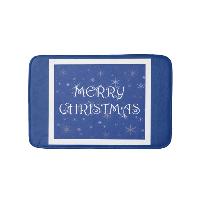 Frohe Weihnachten auf Blau mit Schneeflocken Badematte (Vorderseite)