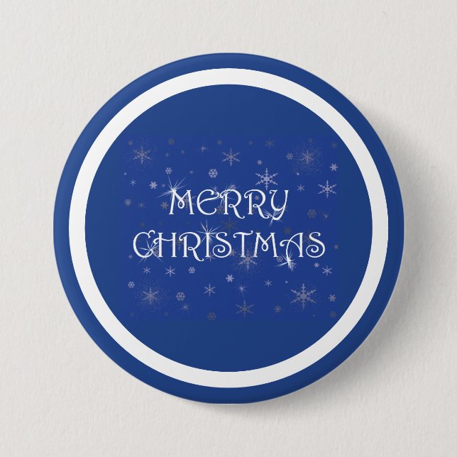 Frohe Weihnachten auf Blau mit Schneeflocken Button (Vorderseite)