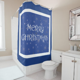Frohe Weihnachten auf Blau mit Schneeflocken Duschvorhang