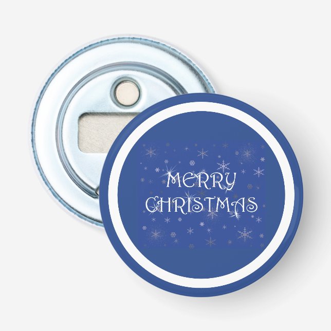 Frohe Weihnachten auf Blau mit Schneeflocken Flaschenöffner (Vorderseite)