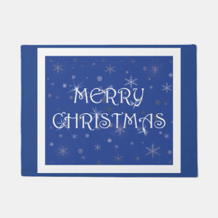 Frohe Weihnachten auf Blau mit Schneeflocken Fußmatte