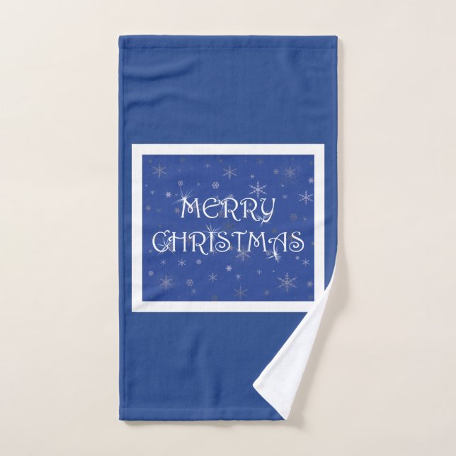 Frohe Weihnachten auf Blau mit Schneeflocken Handtuch (Handtuch)