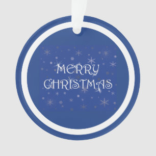 Frohe Weihnachten auf Blau mit Schneeflocken Ornament