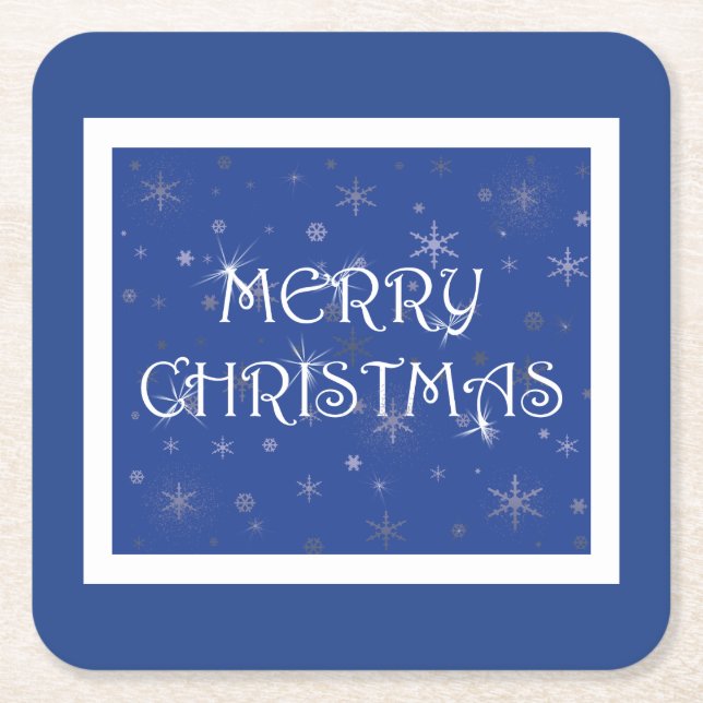 Frohe Weihnachten auf Blau mit Schneeflocken Rechteckiger Pappuntersetzer (Vorderseite)