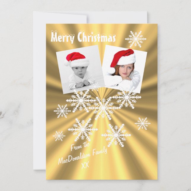 Frohe Weihnachten auf Gold mit Schneeflocken (Vorderseite)