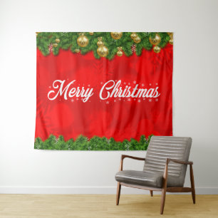 Frohe Weihnachten auf Rot mit Laub und Dekoratione Wandteppich