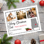 Frohe Weihnachten aus Alabama Foto Holiday<br><div class="desc">Rustikales "Frohe Weihnachten"-Staat-Design mit einer Kontur aus Staat überzogen mit einem schwarz-weißen Büffel-Karo-Muster und einem Vintag aussehenden roten LKW, der einen Urlaubskulptur holt. Editable Beschriftung lautet "Frohe Weihnachten von Alabama". Fügen Sie einfach Ihre drei Fotos, Ihren Familiennamen und das Jahr hinzu und Sie sind alle Set. Composite Design von Holiday...</div>