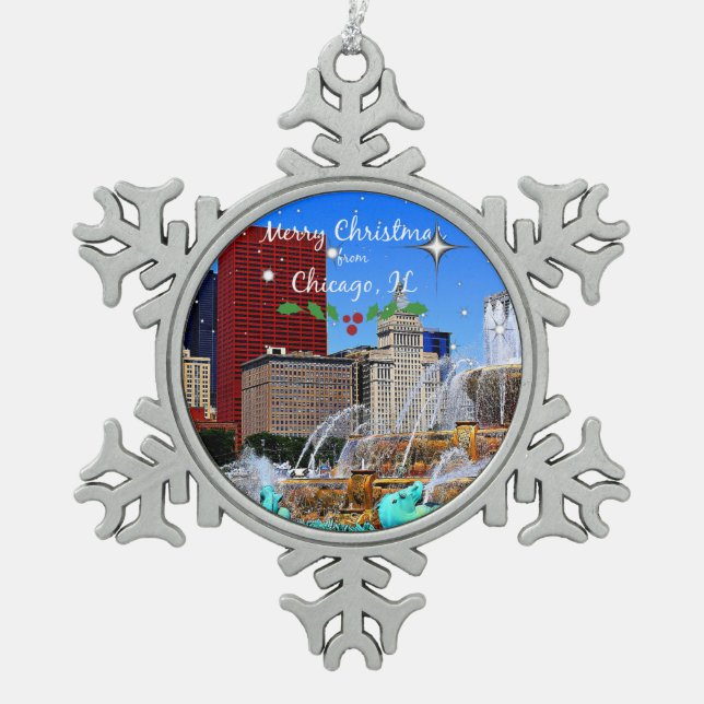 Frohe Weihnachten aus Chicago Schneeflocken Zinn-Ornament (Vorderseite)