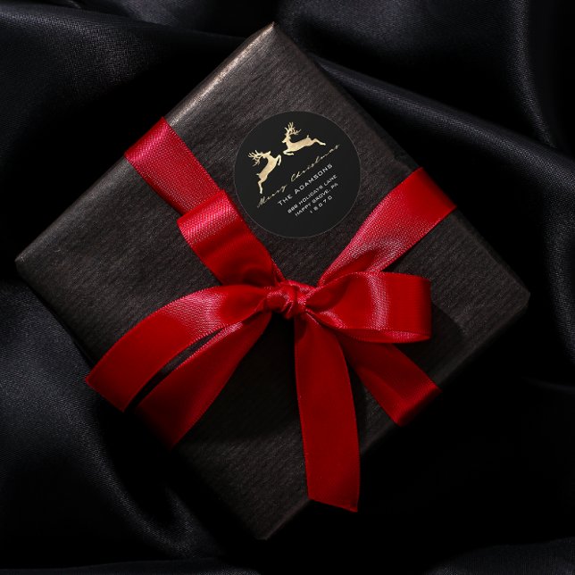 Frohe Weihnachten aus dem Namen Black Gold UAWG Re Runder Aufkleber (Merry Christmas From Name Black Gold RSVP Reindeer Classic Round Sticker)