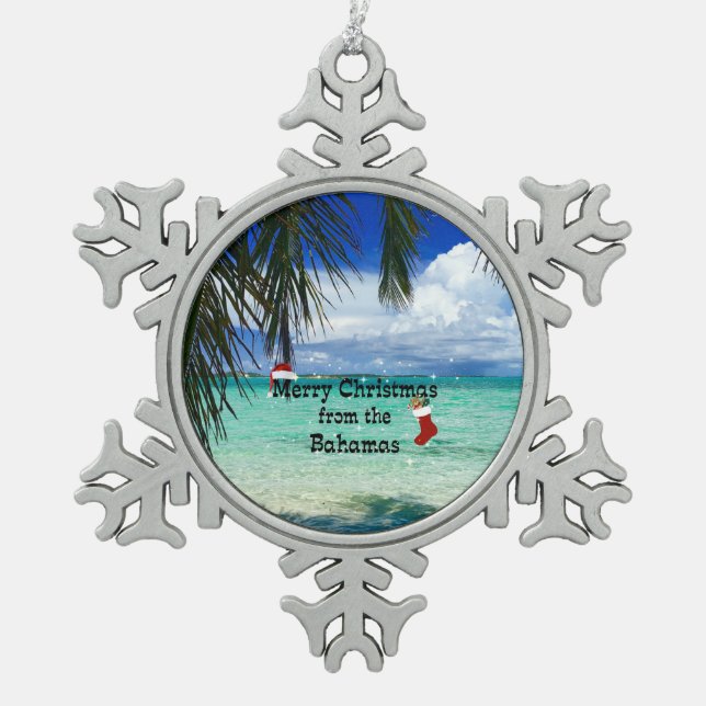 Frohe Weihnachten aus den Bahamas Schneeflocken Zinn-Ornament (Vorderseite)