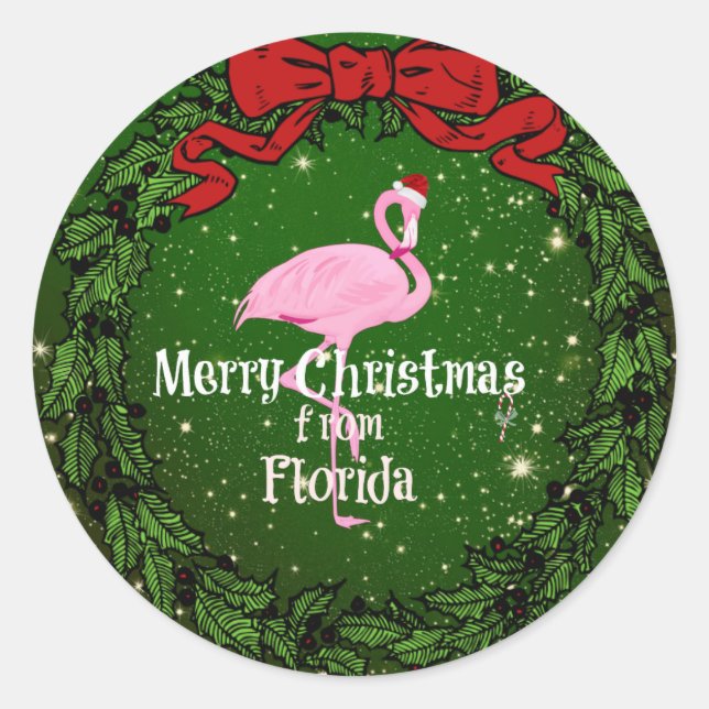 Frohe Weihnachten aus Florida, Santa Flamingo Runder Aufkleber (Vorderseite)