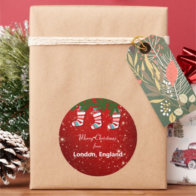 Frohe Weihnachten aus London, England Runder Aufkleber (Feiertag)