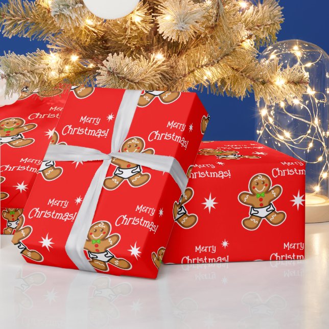 Frohe Weihnachten! Baby Gingerbread auf Red-Editab Geschenkpapier (Feiertage)